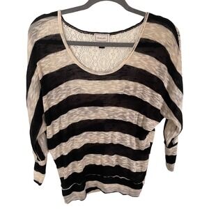 About a Girl Black Cream Striped Dolman Sleeve Top Lace Back Yoke Medium